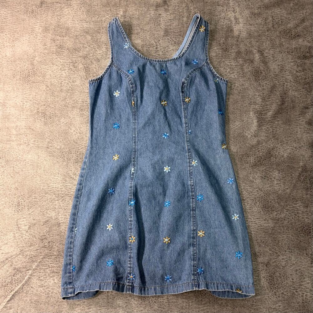 Vintage Floral Embroidered Mini Denim Dress